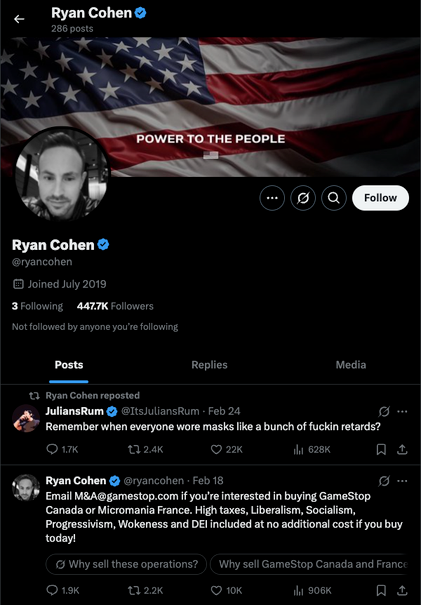 Game Stop and Gamer Informer's CEO Ryan Cohen's Twitter