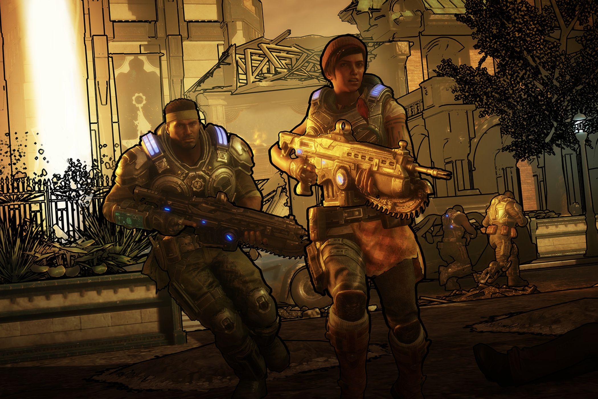 An image from the game Gears 5, showing Kait Diaz and Delmon Walker running with rifles in their hands.