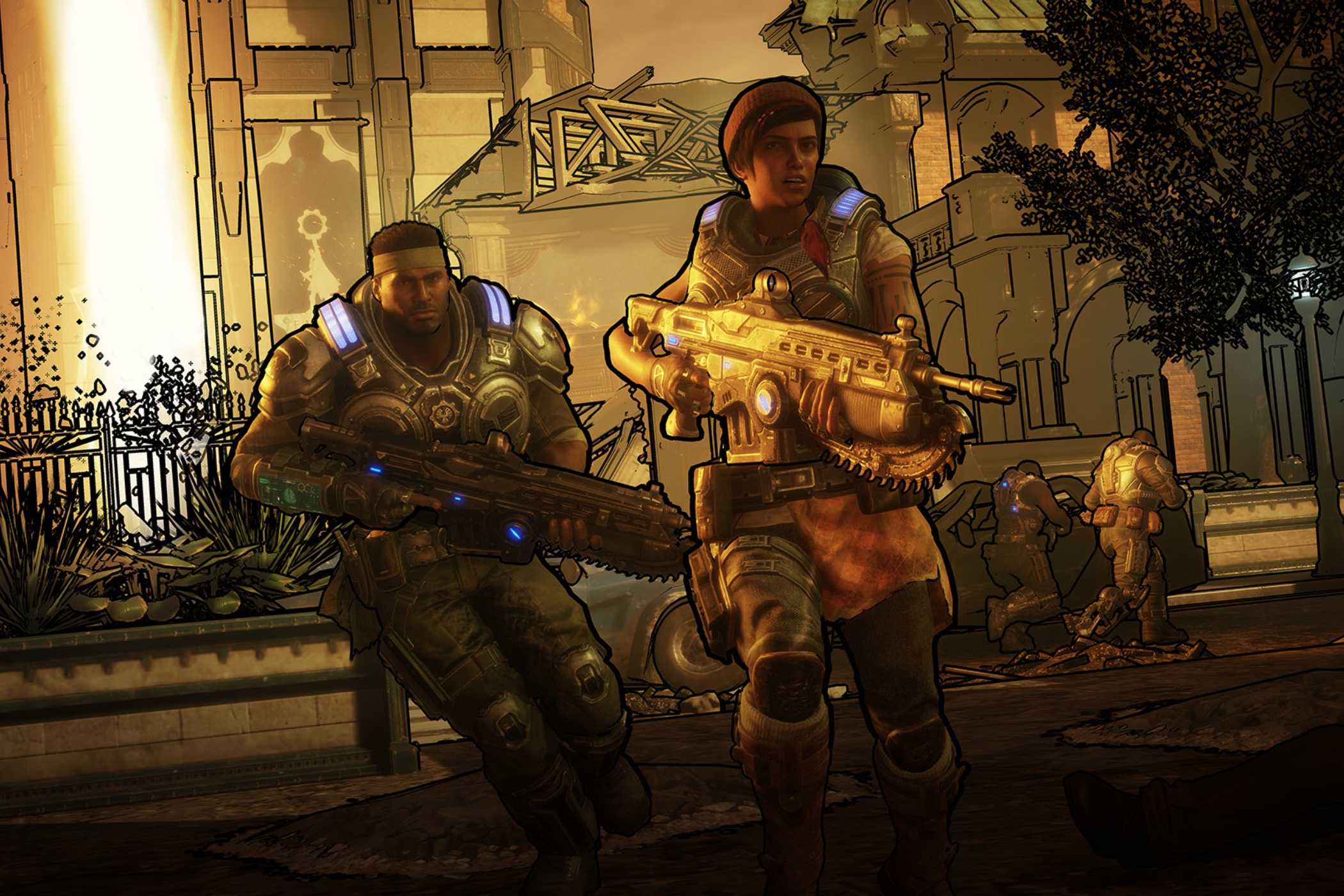 An image from the game Gears 5, showing Kait Diaz and Delmon Walker running with rifles in their hands.