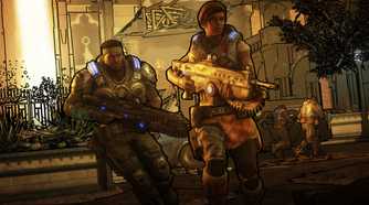 An image from the game Gears 5, showing Kait Diaz and Delmon Walker running with rifles in their hands.