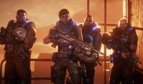 An image from the game Gears 5, showing the characters Kait Diaz, Delmont Walker, JD Fenix, and Fahz Chutani.