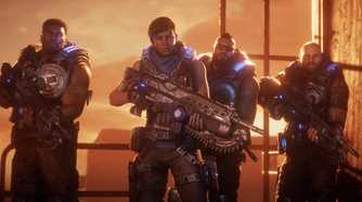 An image from the game Gears 5, showing the characters Kait Diaz, Delmont Walker, JD Fenix, and Fahz Chutani.