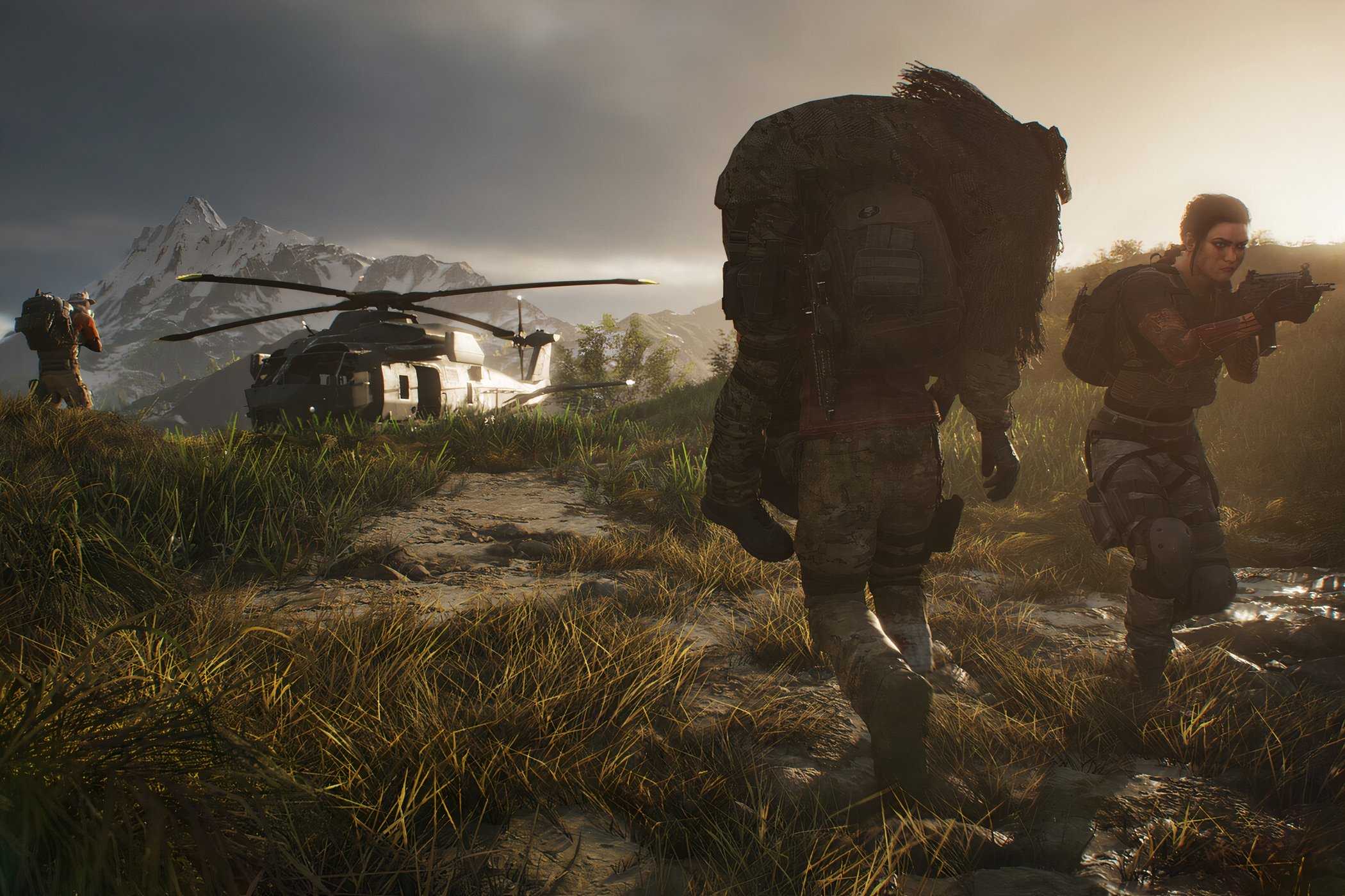 An image from Ghost Recon Breakpoint, showing a person fireman-carrying another person toward a helicopter.