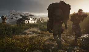 An image from Ghost Recon Breakpoint, showing a person fireman-carrying another person toward a helicopter.