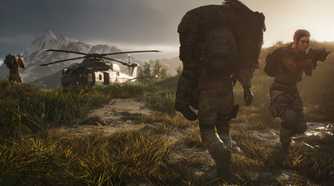 An image from Ghost Recon Breakpoint, showing a person fireman-carrying another person toward a helicopter.
