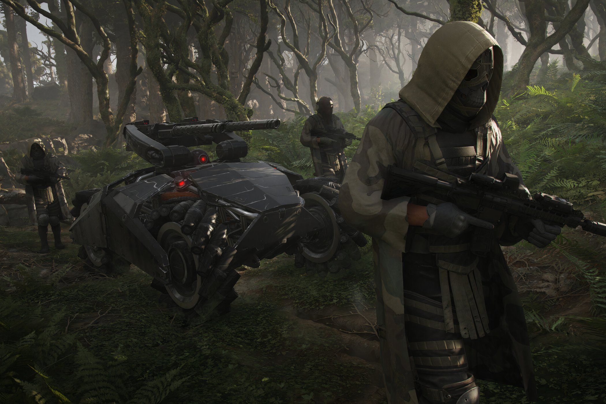 An image from Ghost Recon Breakpoint, showing people patrolling in the forest alongside a futuristic vehicle.