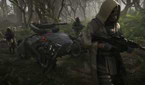 An image from Ghost Recon Breakpoint, showing people patrolling in the forest alongside a futuristic vehicle.