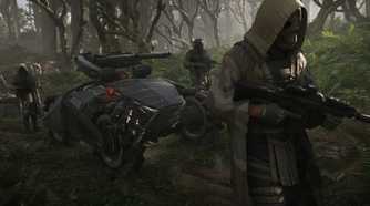 An image from Ghost Recon Breakpoint, showing people patrolling in the forest alongside a futuristic vehicle.