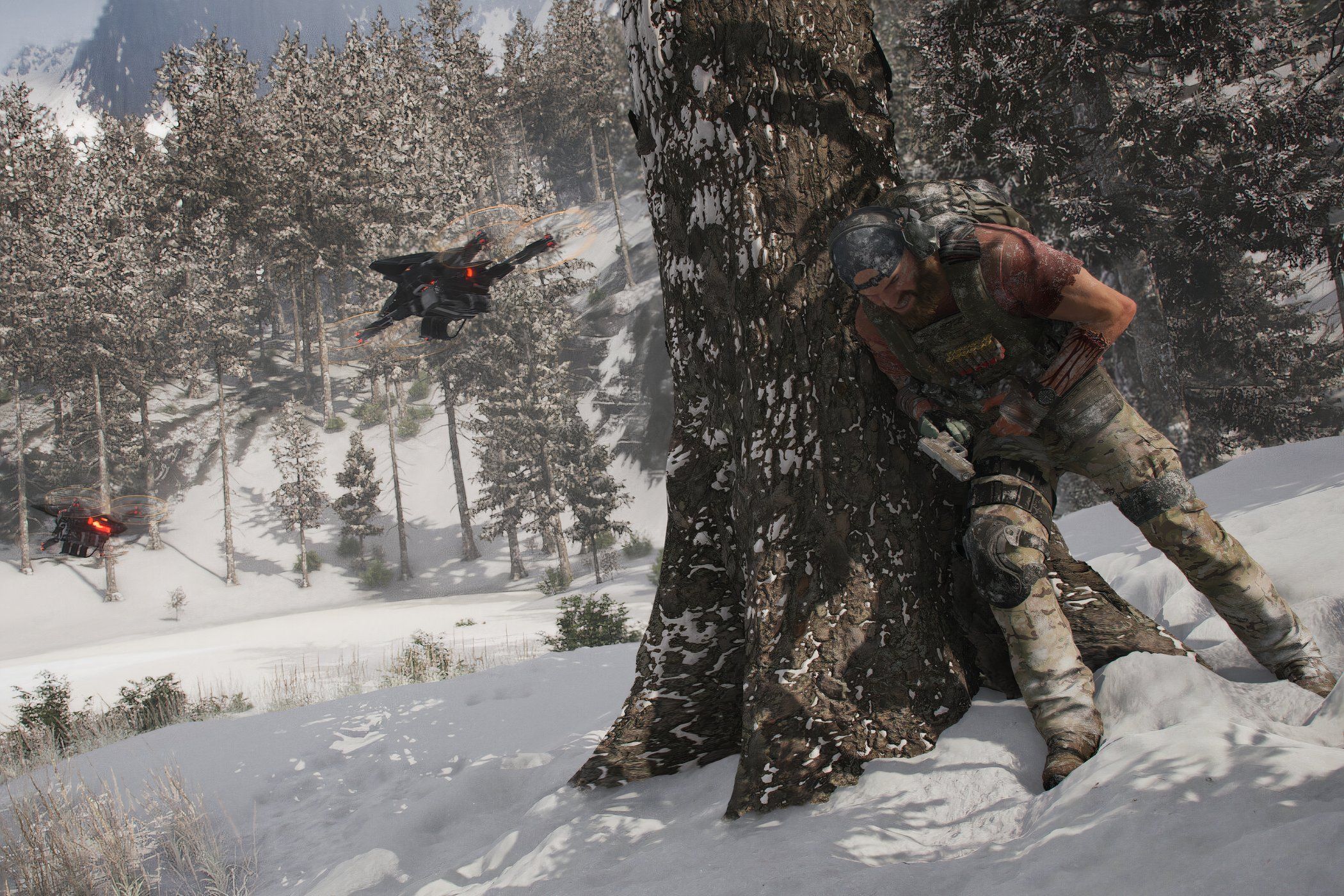 An image from Ghost Recon Breakpoint, showing a person leaning against a tree trunk.