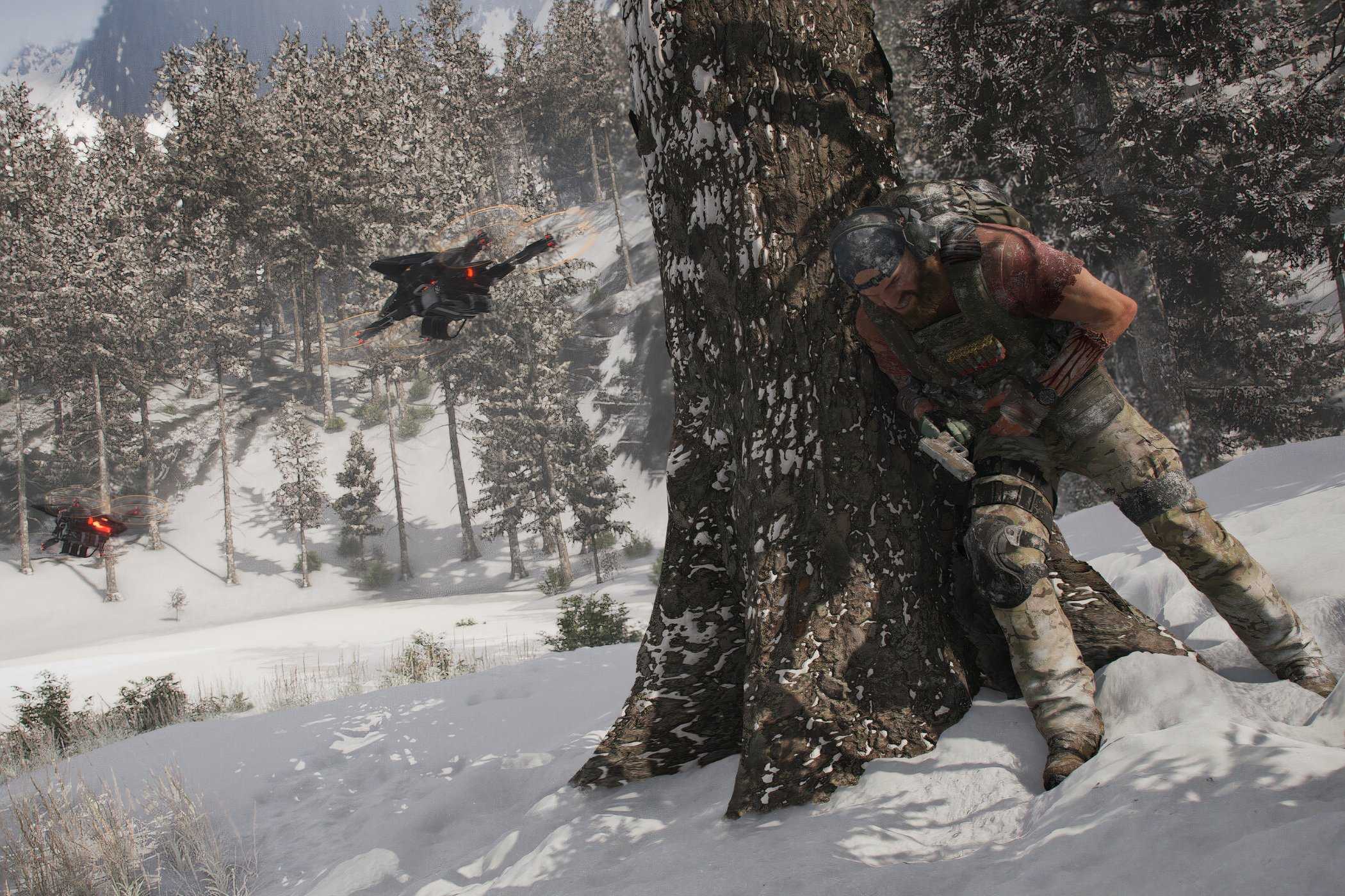 An image from Ghost Recon Breakpoint, showing a person leaning against a tree trunk.