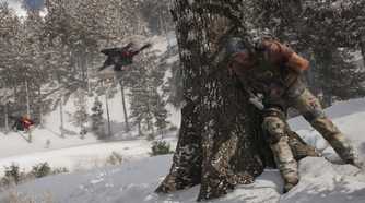 An image from Ghost Recon Breakpoint, showing a person leaning against a tree trunk.