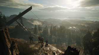 An image from Ghost Recon Breakpoint, showing four people sitting on a cliff.