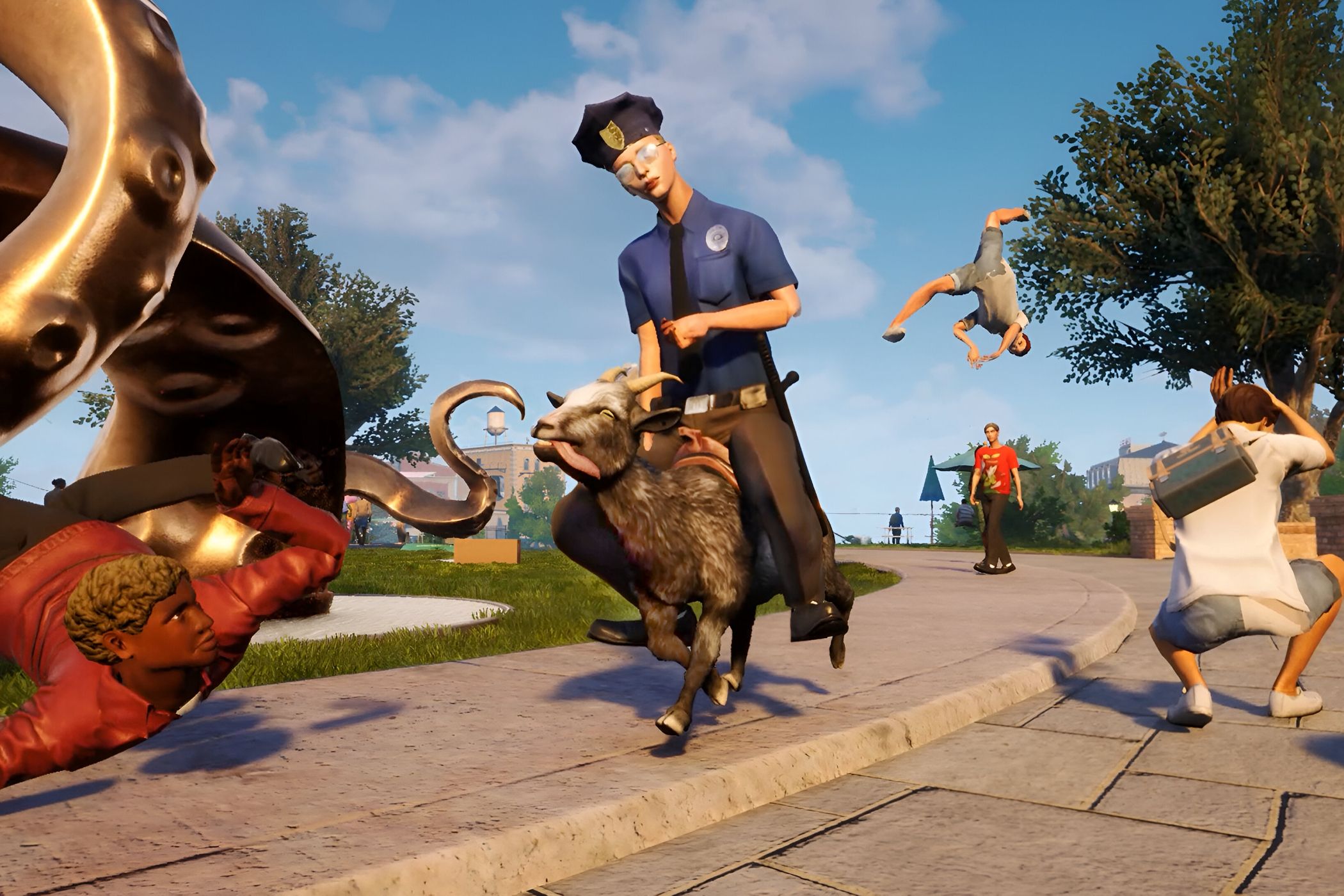 An image from the game "Goat Simulator 3", showing a police officer riding atop a goat.