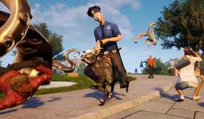 An image from the game "Goat Simulator 3", showing a police officer riding atop a goat.