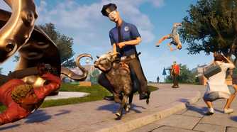 An image from the game "Goat Simulator 3", showing a police officer riding atop a goat.