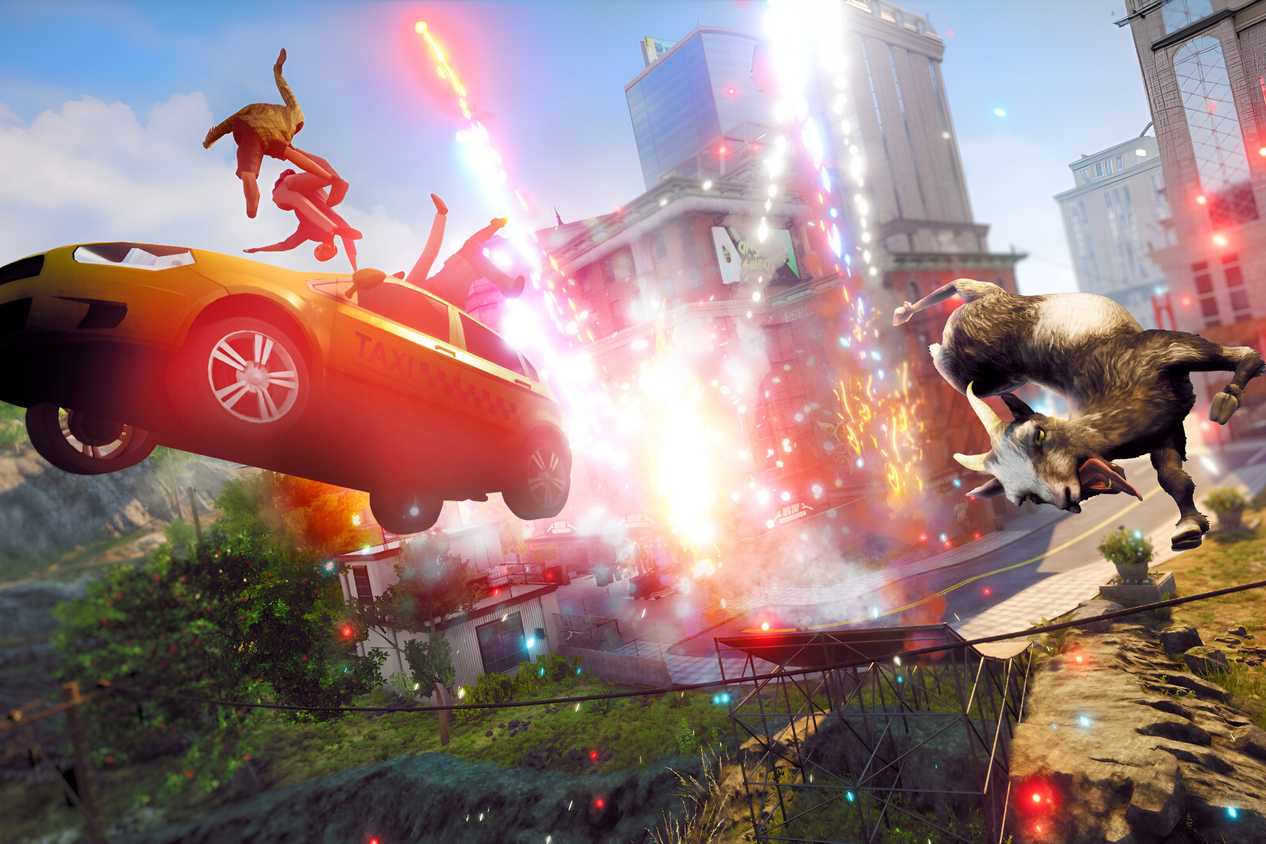 An image from the game "Goat Simulator 3", showing a car and a goat in the air while fireworks go off in the background.