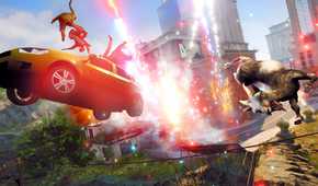 An image from the game "Goat Simulator 3", showing a car and a goat in the air while fireworks go off in the background.