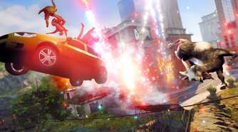 An image from the game "Goat Simulator 3", showing a car and a goat in the air while fireworks go off in the background.