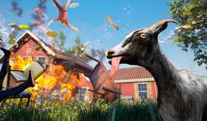 An image from the game "Goat Simulator", showing a goat in the foreground as a house burns down in the background.