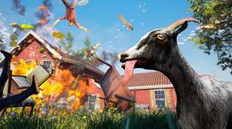 An image from the game "Goat Simulator", showing a goat in the foreground as a house burns down in the background.