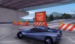 An image from the 2001 game, Grand Theft Auto III, showing a blue car on the road.