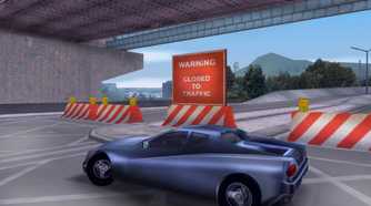 An image from the 2001 game, Grand Theft Auto III, showing a blue car on the road.