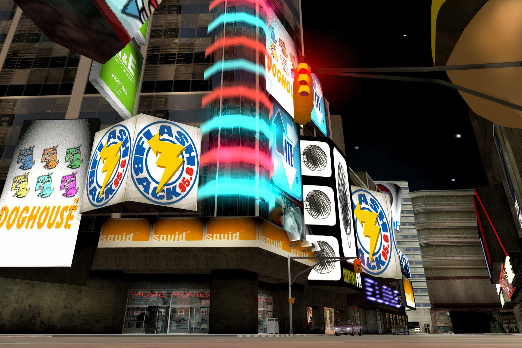 An image from the 2001 game, Grand Theft Auto III, showing a brightly-lit city street at night.