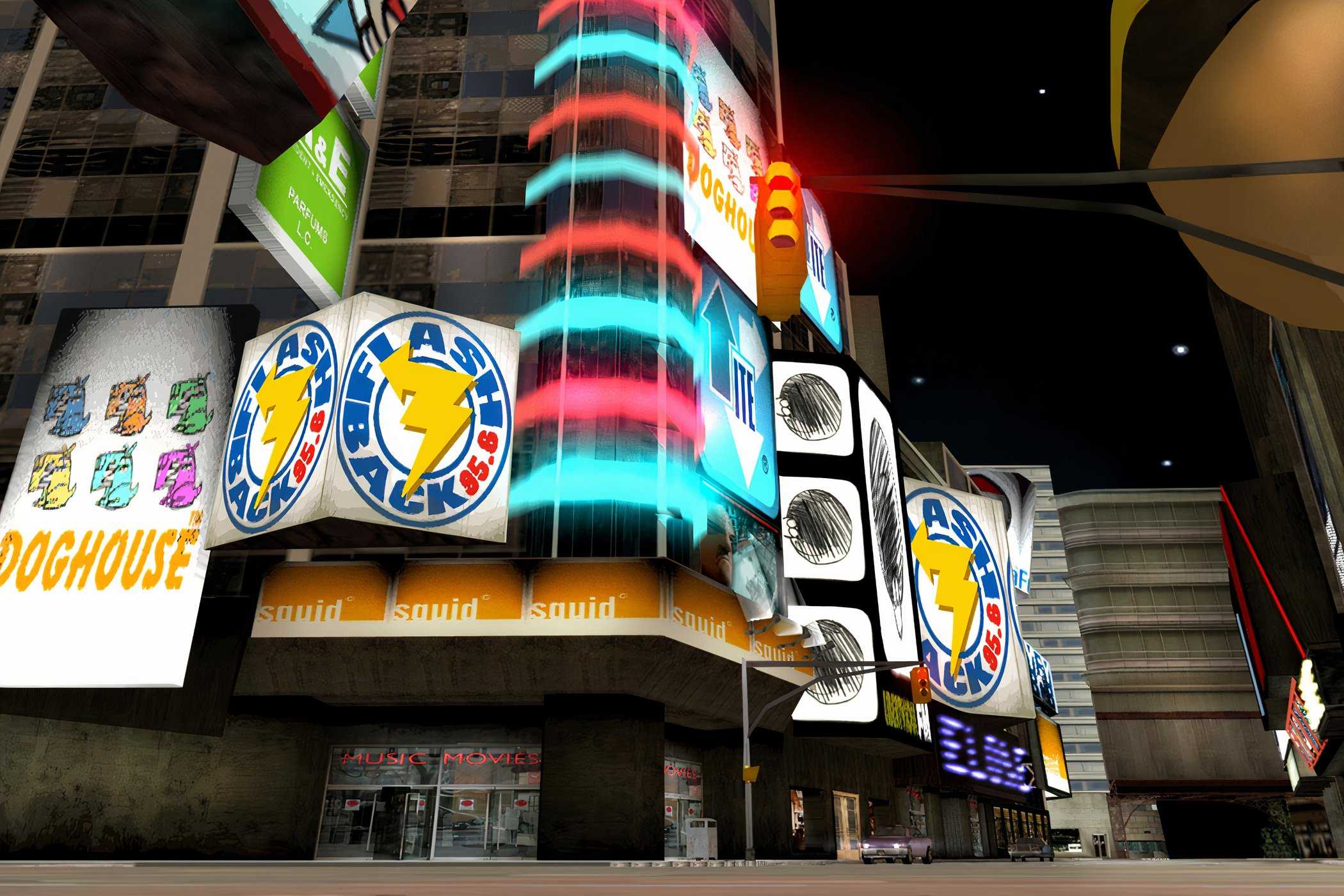 An image from the 2001 game, Grand Theft Auto III, showing a brightly-lit city street at night.