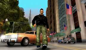 An image from the 2001 game, Grand Theft Auto III, showing a man in a black jacket walk down a road with a yellow cab behind him.