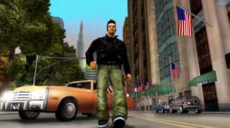 An image from the 2001 game, Grand Theft Auto III, showing a man in a black jacket walk down a road with a yellow cab behind him.