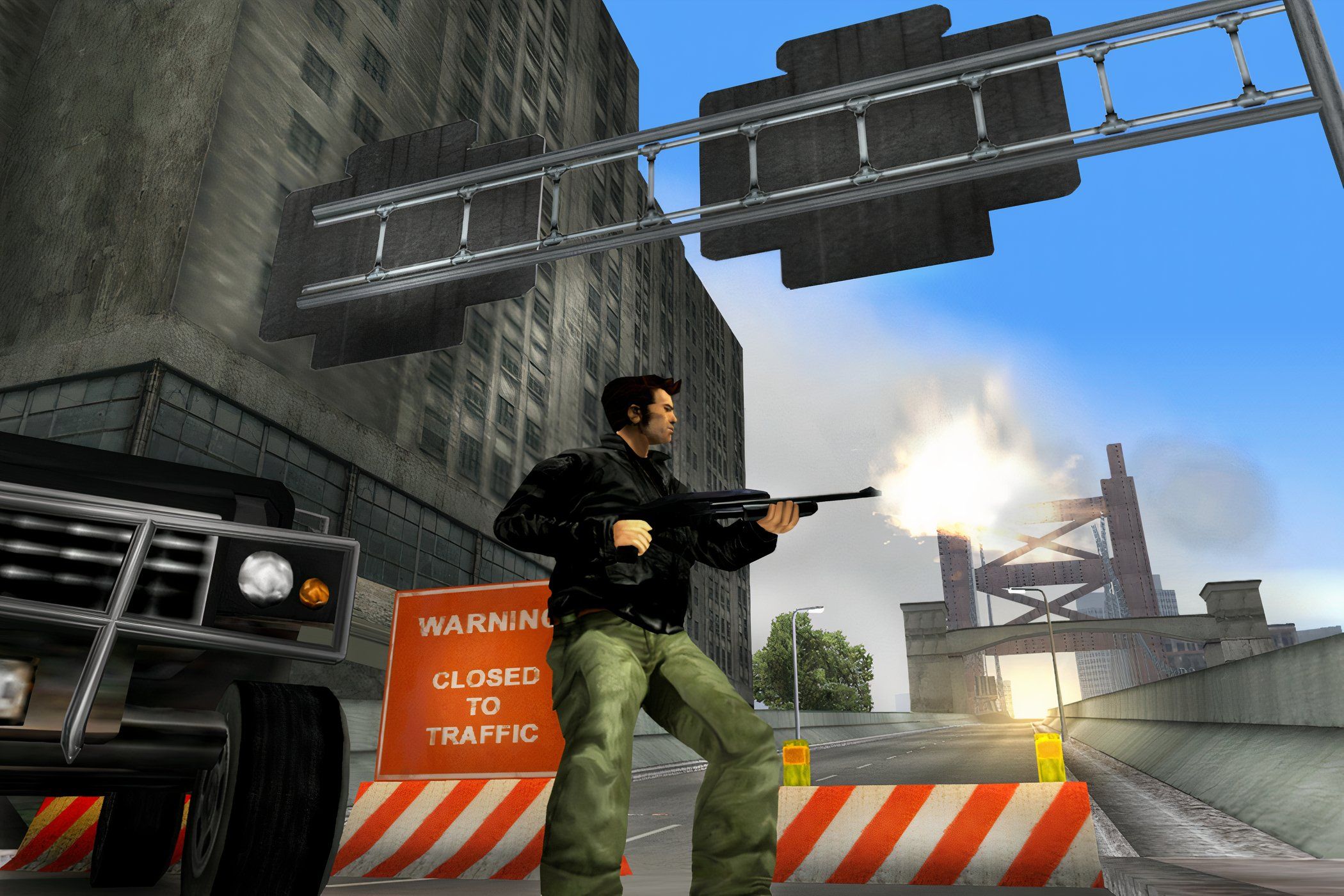 An image from the 2001 game, Grand Theft Auto III, showing a man shooting a rifle.