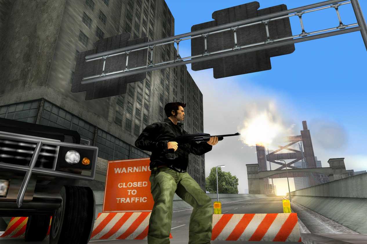 An image from the 2001 game, Grand Theft Auto III, showing a man shooting a rifle.