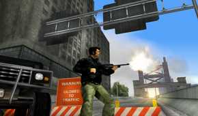 An image from the 2001 game, Grand Theft Auto III, showing a man shooting a rifle.