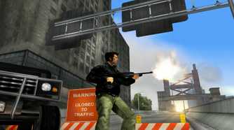 An image from the 2001 game, Grand Theft Auto III, showing a man shooting a rifle.