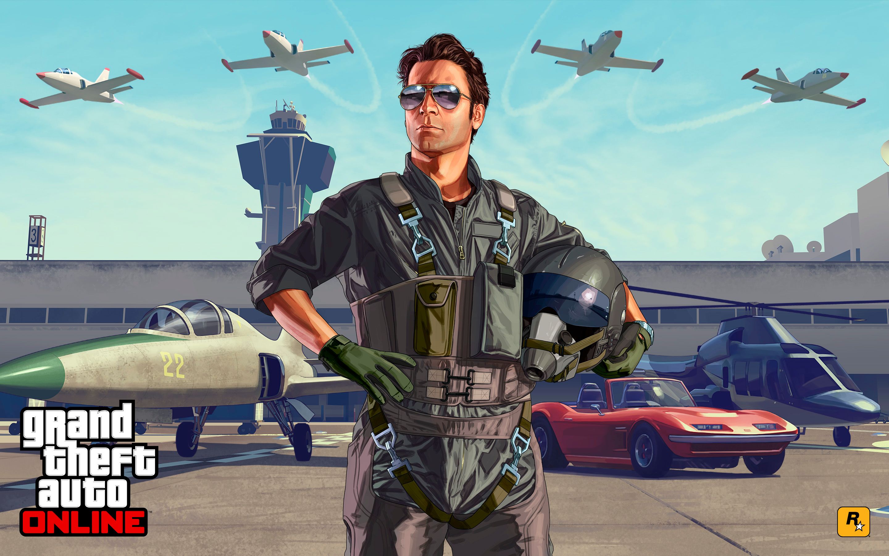 Grand Theft Auto Online key art of pilot standing on tarmac with planes flying above him
