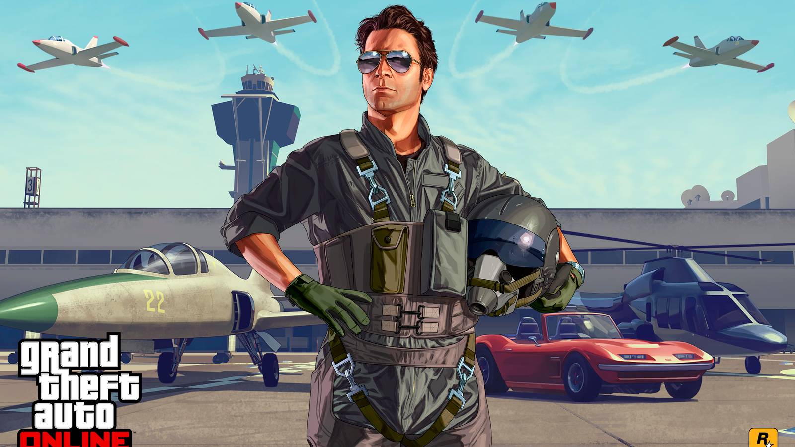 Grand Theft Auto Online key art of pilot standing on tarmac with planes flying above him