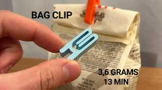 A hand holding a bag clip and another attached to the bag