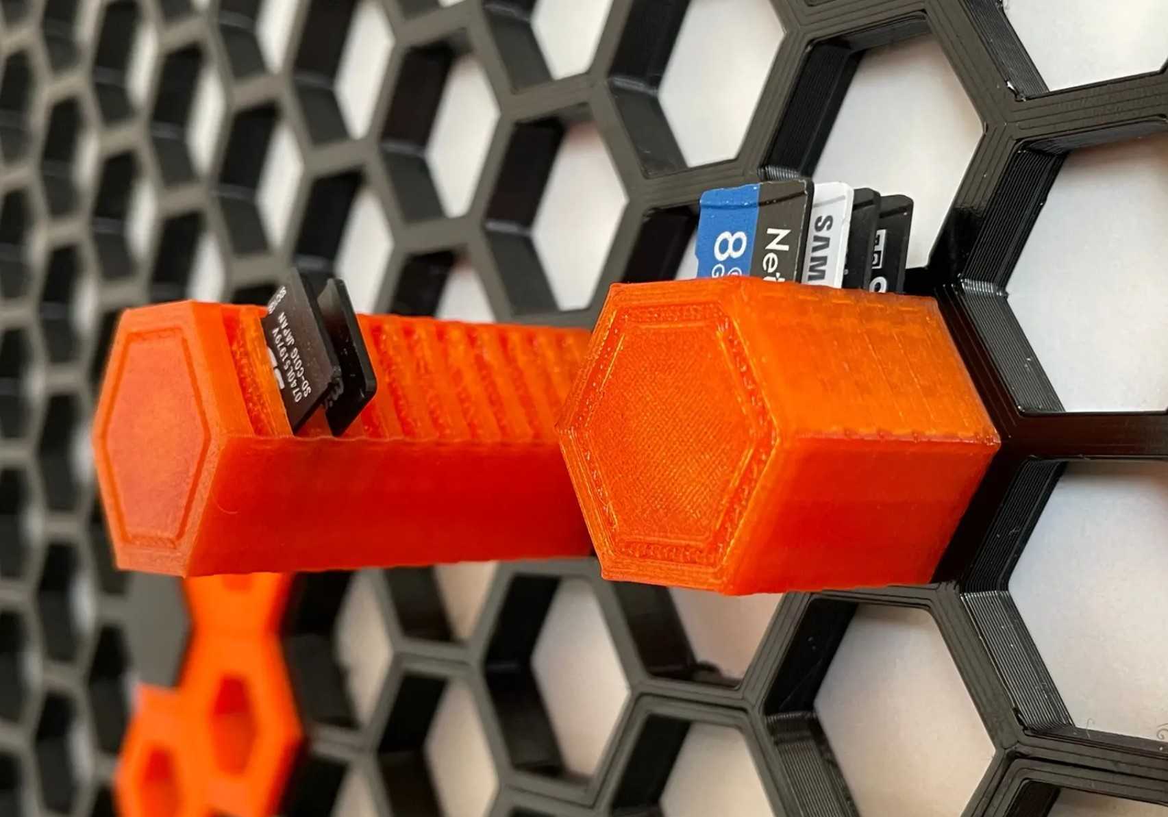 Honeycomb storage wall with SD cards attached