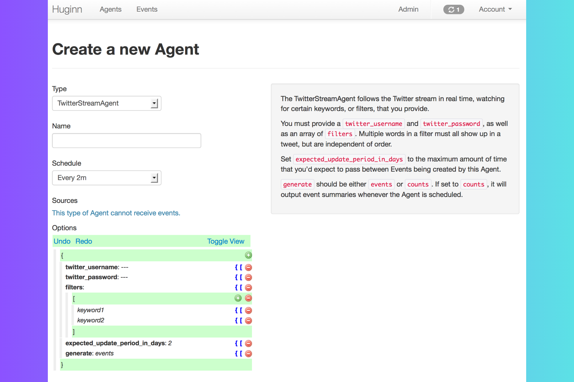 Creating a Huginn Twitter stream agent