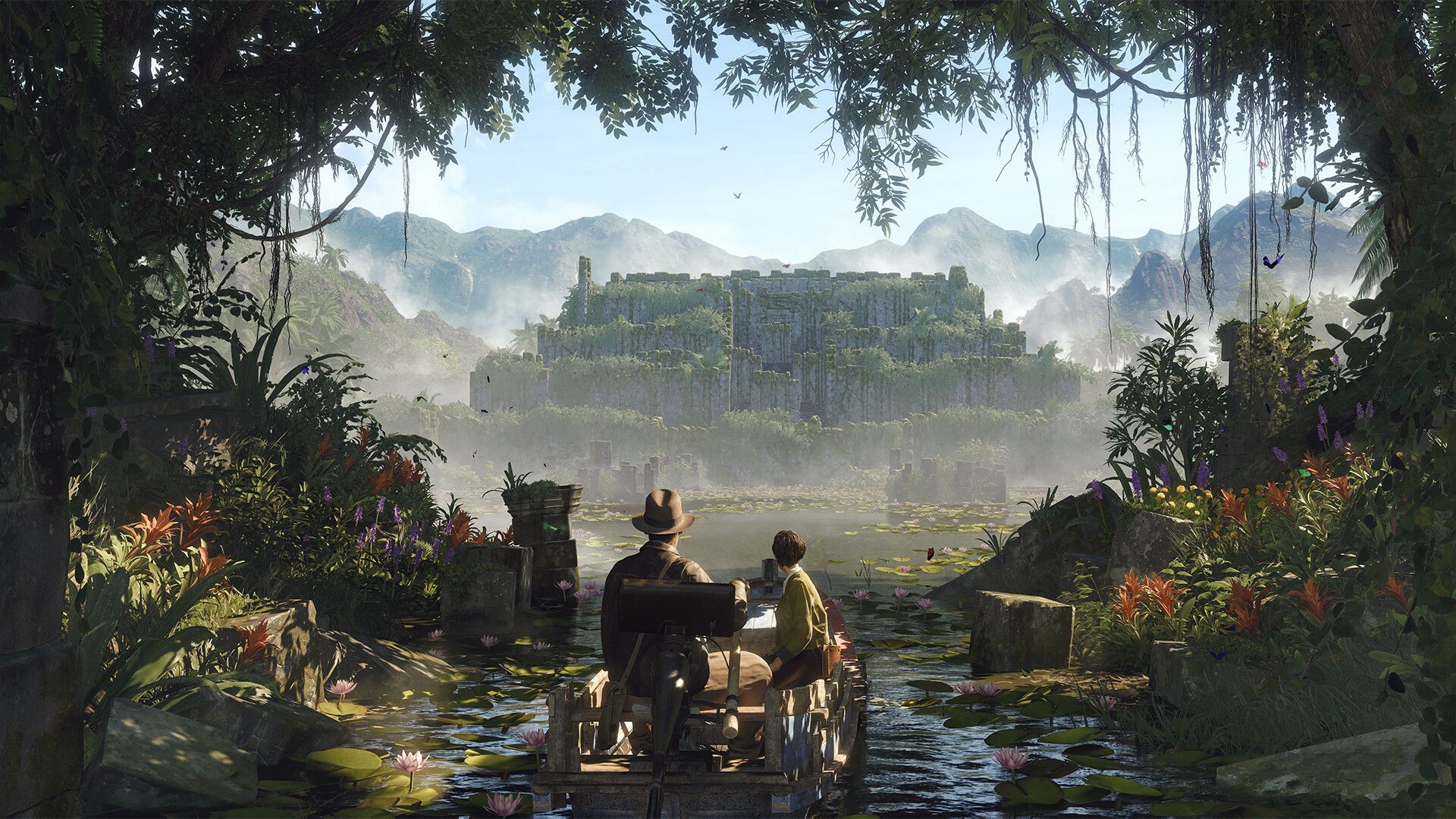 Screenshot from Indiana Jones and the Great Circle video game of Indiana and a woman on a boat in a jungle setting with a large ancient structure in the distance