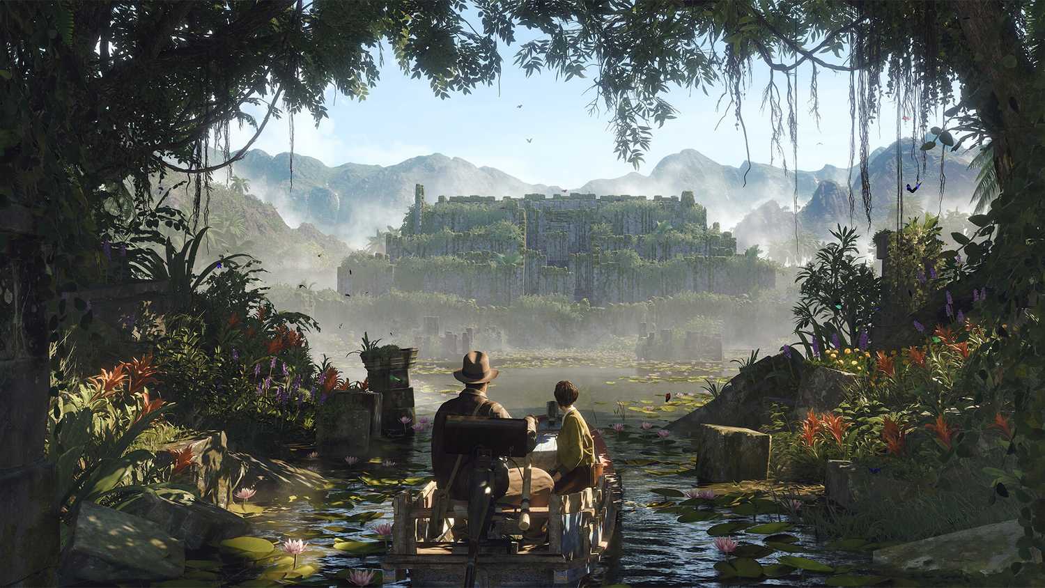 Screenshot from Indiana Jones and the Great Circle video game of Indiana and a woman on a boat in a jungle setting with a large ancient structure in the distance