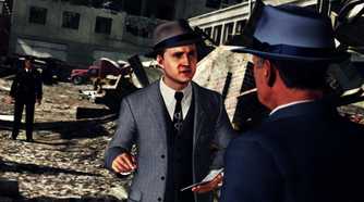 Screenshot from LA Noire video game of two men talking among rubble with a uniformed police officer in the background.