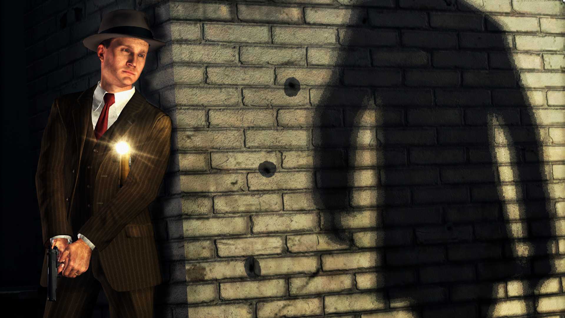 Screenshot from LA Noire video game of man waiting to turn the corner with a gun with a shadow of a man on the other side.
