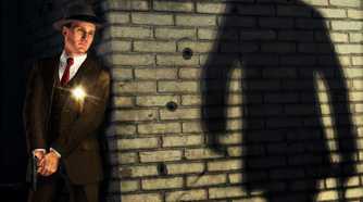 Screenshot from LA Noire video game of man waiting to turn the corner with a gun with a shadow of a man on the other side.