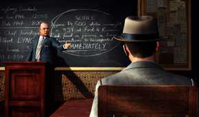 Screenshot from LA Noire video game of two men in 1940's attire talking in boardroom setting with a chalkboard on the wall.