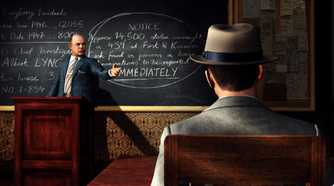Screenshot from LA Noire video game of two men in 1940's attire talking in boardroom setting with a chalkboard on the wall.