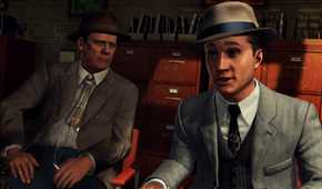 Screenshot from LA Noire video game of two men in 1940's US attire in office room talking.