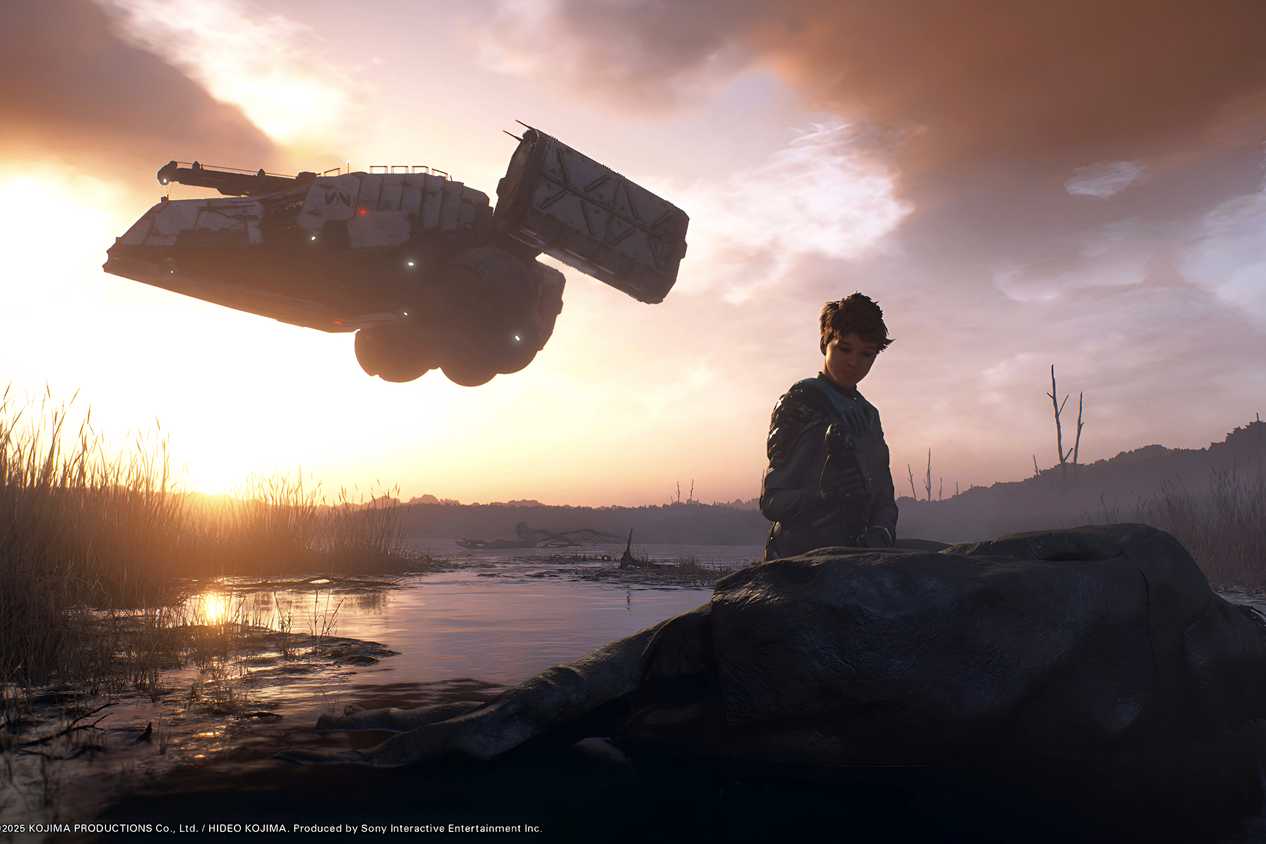 An image from the game "Death Stranding 2", showing a woman sitting in shallow waters as the sun sets behind her.