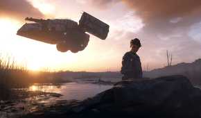 An image from the game "Death Stranding 2", showing a woman sitting in shallow waters as the sun sets behind her.