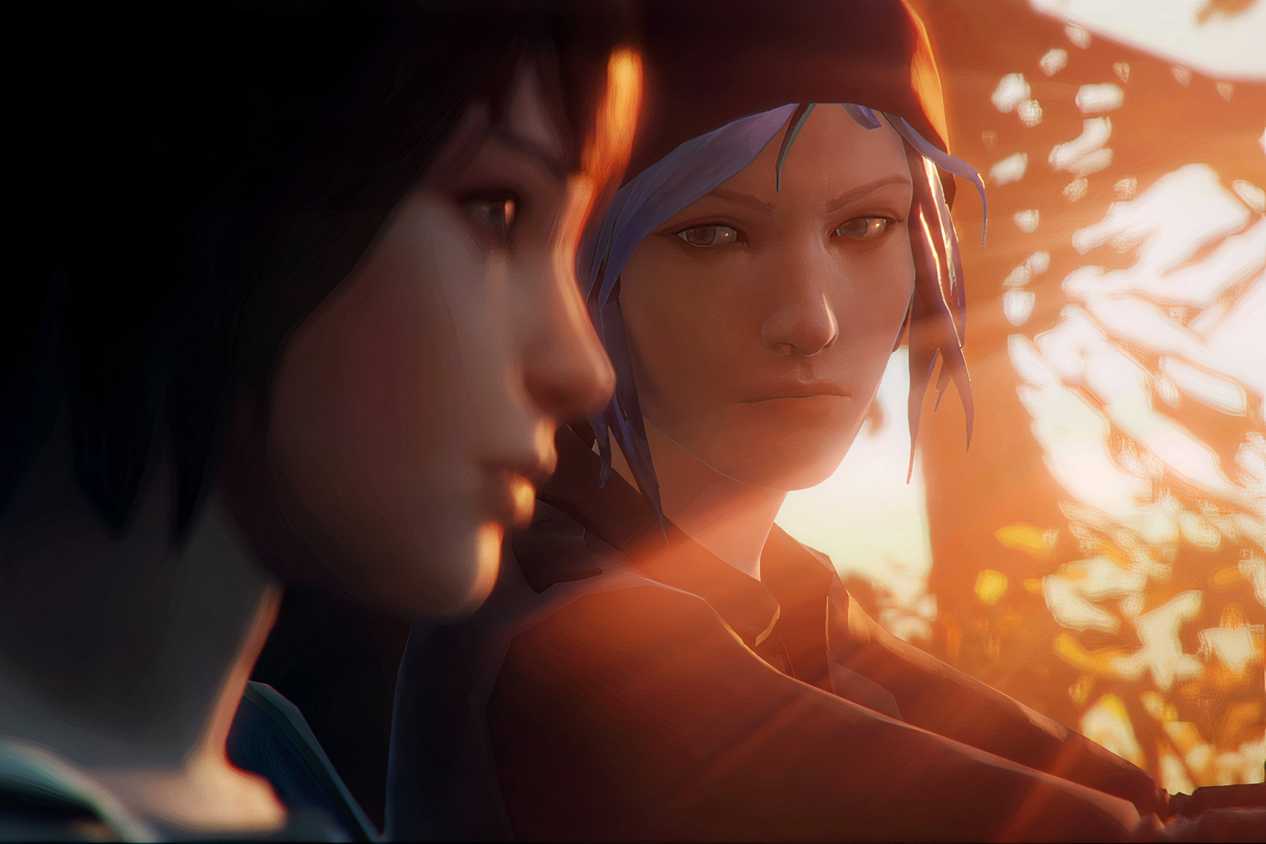 An image from the game Life is Strange, showing two girls in a car while one looks at the other during the setting sun.